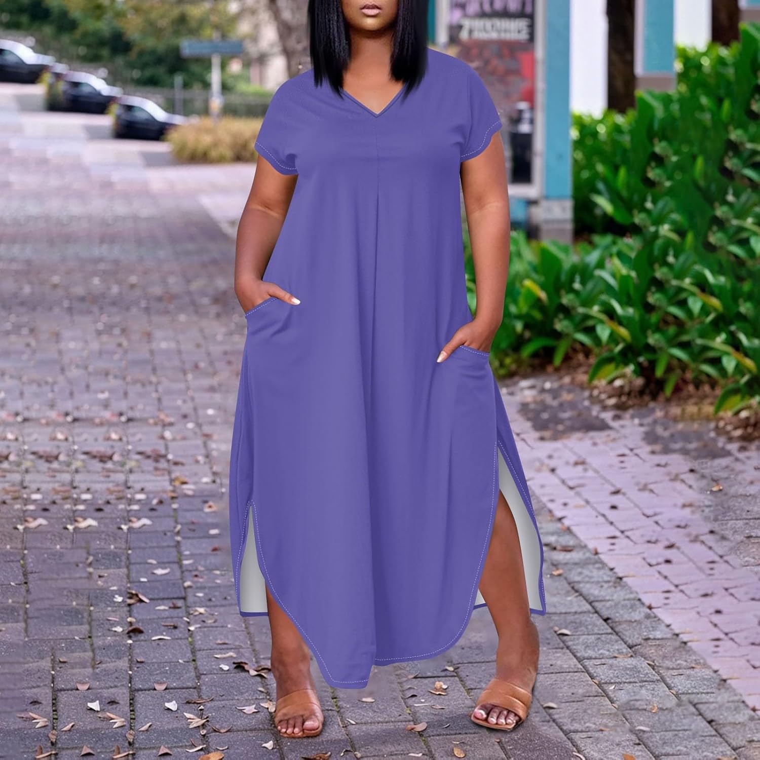 Maxi Dresses for Women 2025 Plus Size Tie Dye V Neck Dress Short Sleeve Side Split Beach Summer Sundress with Pocket