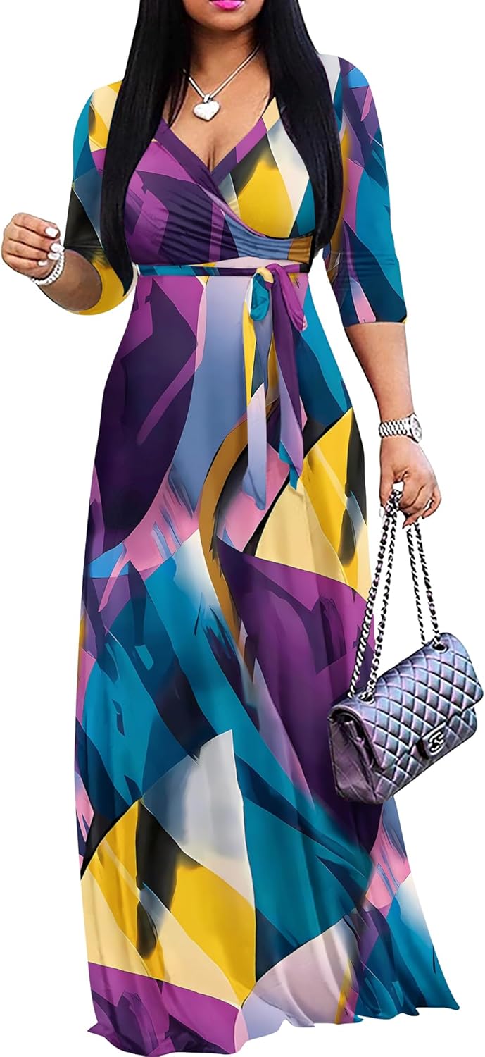 FANDEE Plus Size Maxi Dress for Women Casual Summer Sundress V-Neck 3/4 Sleeve
