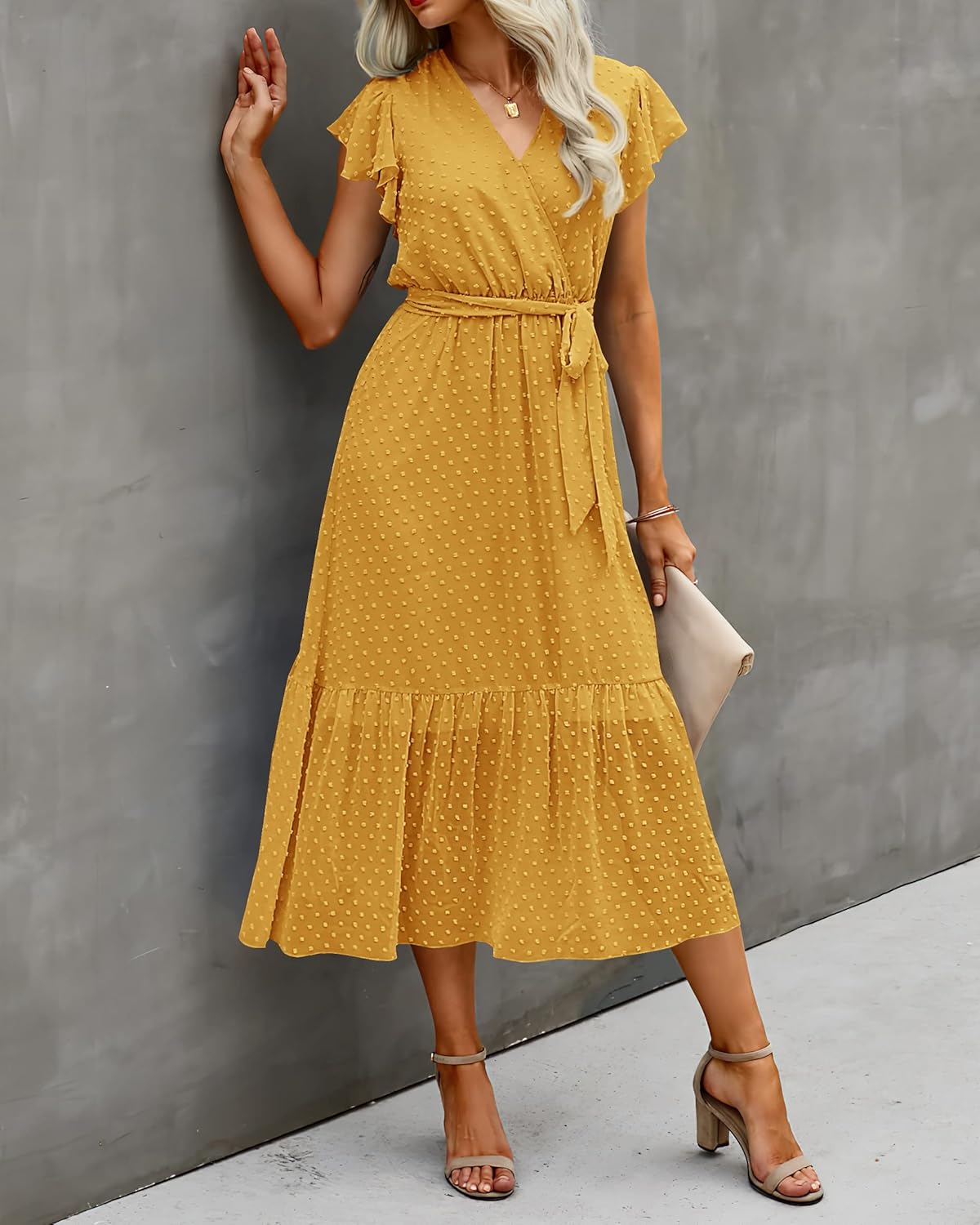 BTFBM Women Summer Bohemian Floral Casual Wrap V Neck Ruffle Cap Sleeveless Belt A-Line Pleated Hem Midi Sun Dress White