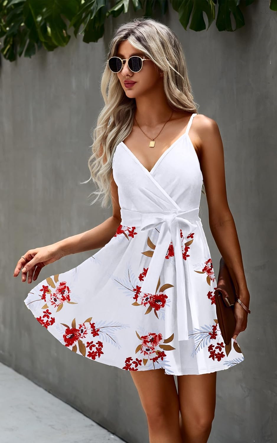 ECOWISH Summer Dresses for Women 2025 V-Neck Spaghetti Strap Bowknot Backless Sleeveless Lace Mini Swing Skater Dress