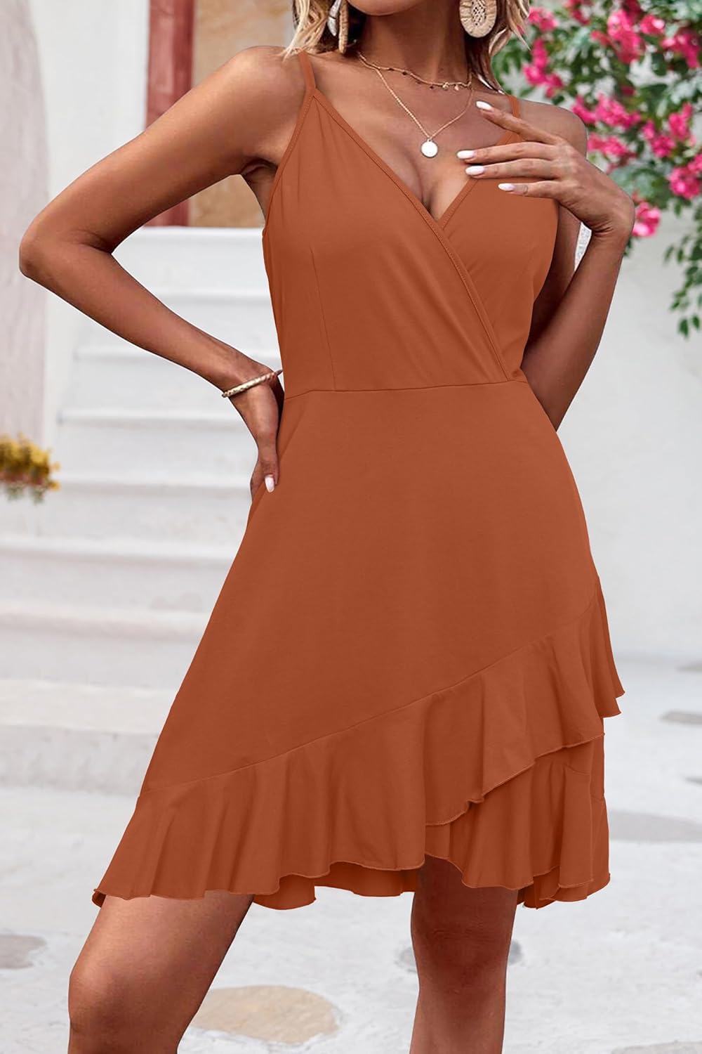 ULTRANICE Womens Summer Dresses Floral V Neck Ruffled Hem Spaghetti Spring Casual Beach Outfits Flowy Wrap Sun Dress