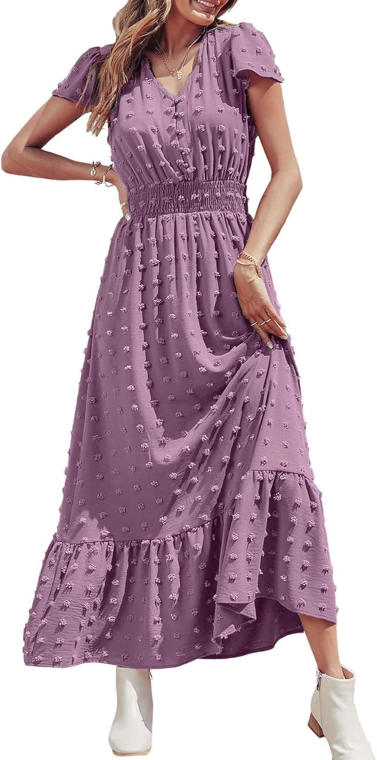 PRETTYGARDEN Womens Dresses 2025 Summer Maxi Dress Boho Short Sleeve V Neck Swiss Dot Ruffle Tiered Smocked Flowy Long Dress