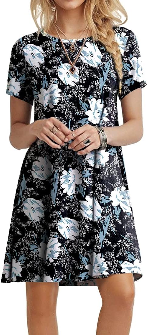 POPYOUNG 2025 Women's Summer Casual T-Shirt Dresses Crew Neck Beach Cover Up Sun Dress