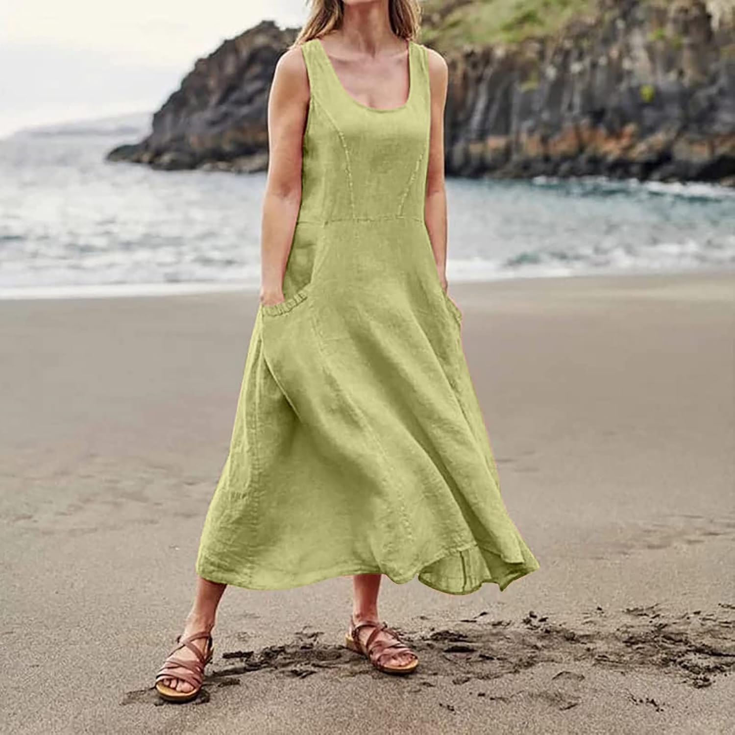 Women's Casual Sleeveless Dresses, Cotton Linen Pocket Dresses Summer Dresses for Women 2024 Sundresses Beach Dress