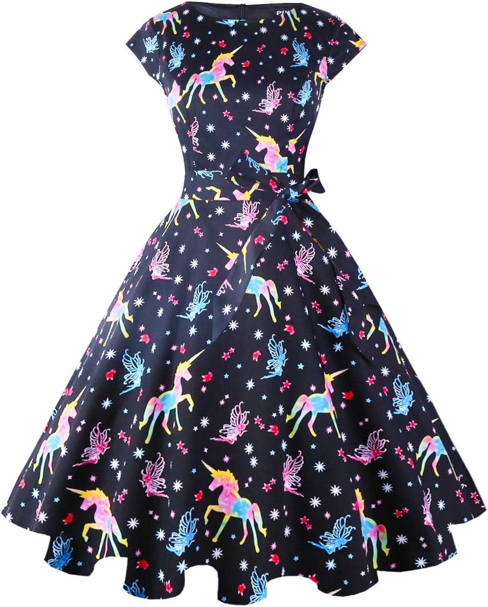 PUKAVT Women's 1950 Boatneck Cap Sleeve Vintage Swing Cocktail Party Dress with Pockets