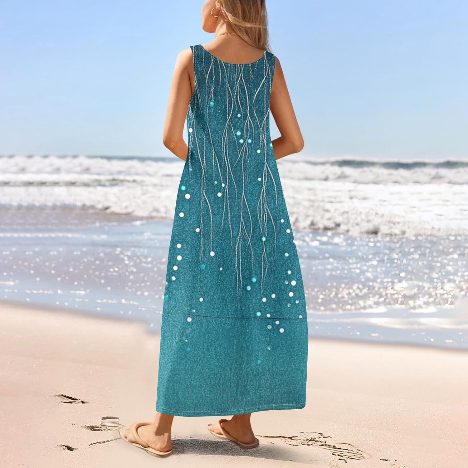 Womens Summer Tank Dress Vacation Boho Floral Long Dresses with Pockets Resort Wear Swing Beach Sleeveless Sundress
