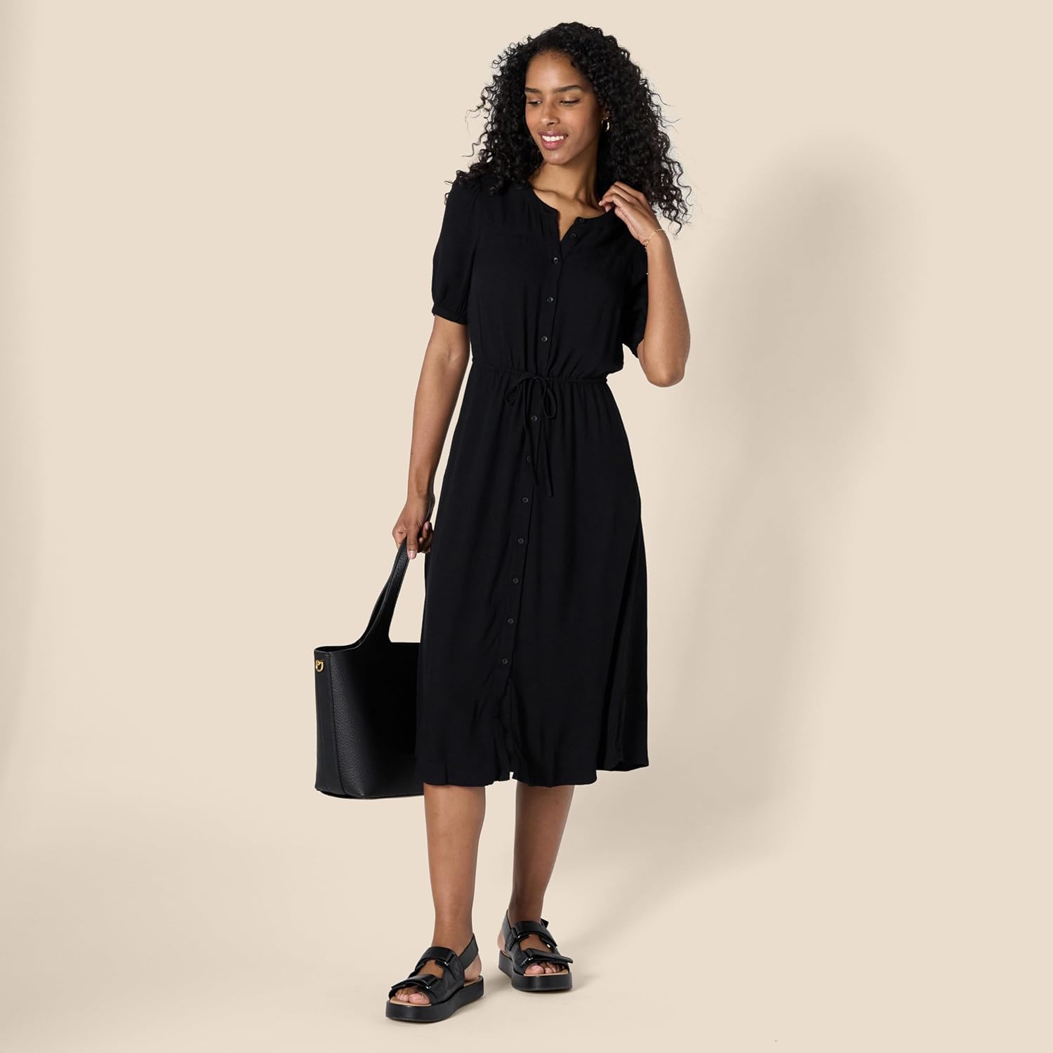 Amazon Essentials Women's Relaxed Fit Half-Sleeve Waisted Midi A-Line Dress