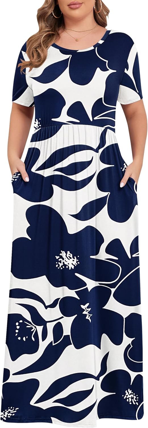 KARALIN Women’s Plus Size Maxi Dresses for Curvy Women Summer Casual Short Sleeve 2025 Long Dress 14W-26W