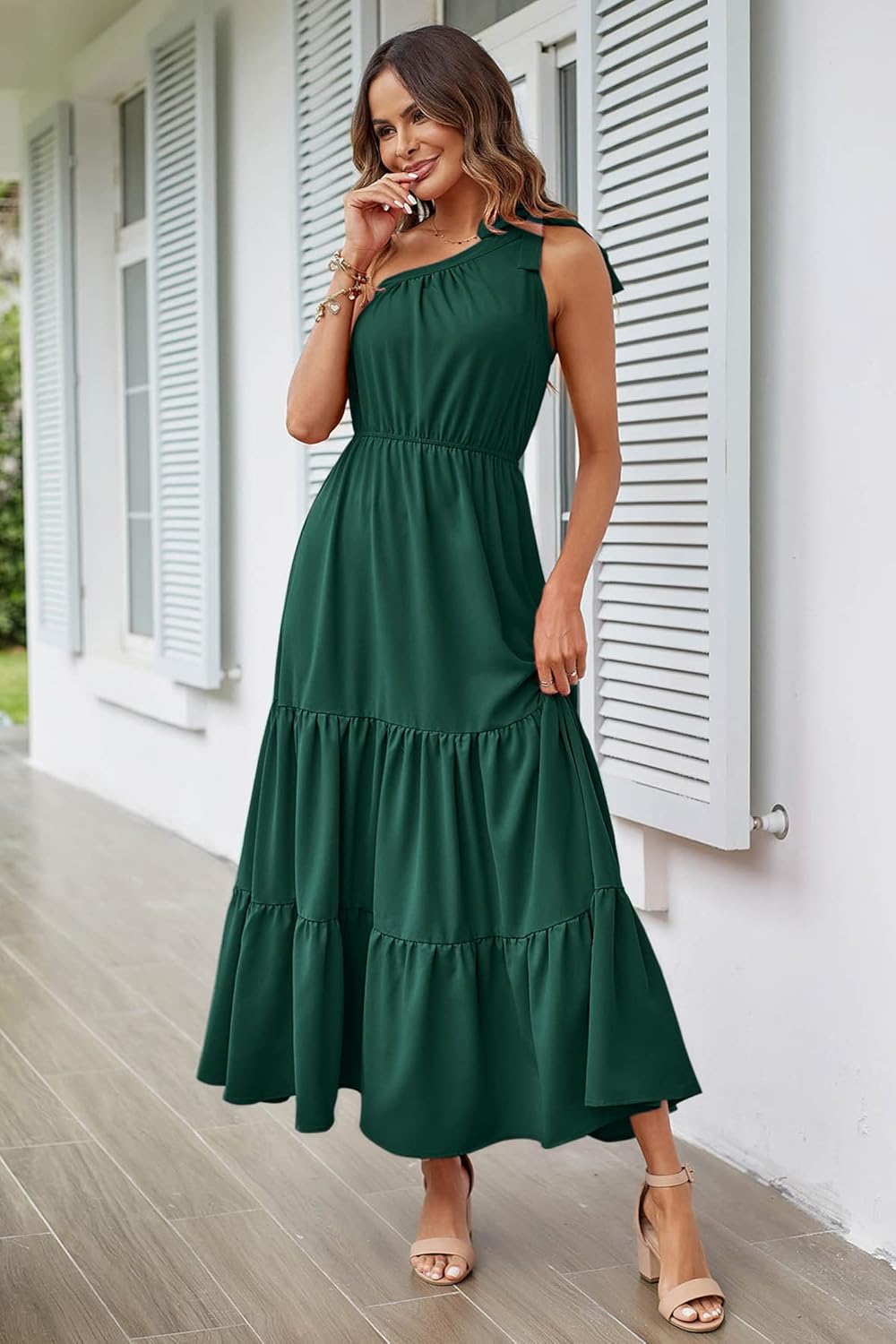 PRETTYGARDEN Women's Summer Floral Maxi Dress Knot One Shoulder Sleeveless Ruffle Flowy Boho Beach Wedding Guest Dresses