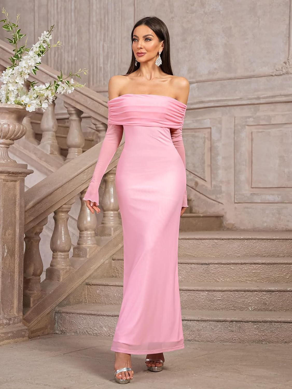 KUTUMAI Women Off Shoulder Bodycon Maxi Dress Long Sleeve Mesh Ruched Party Formal Wedding Guest Dresses