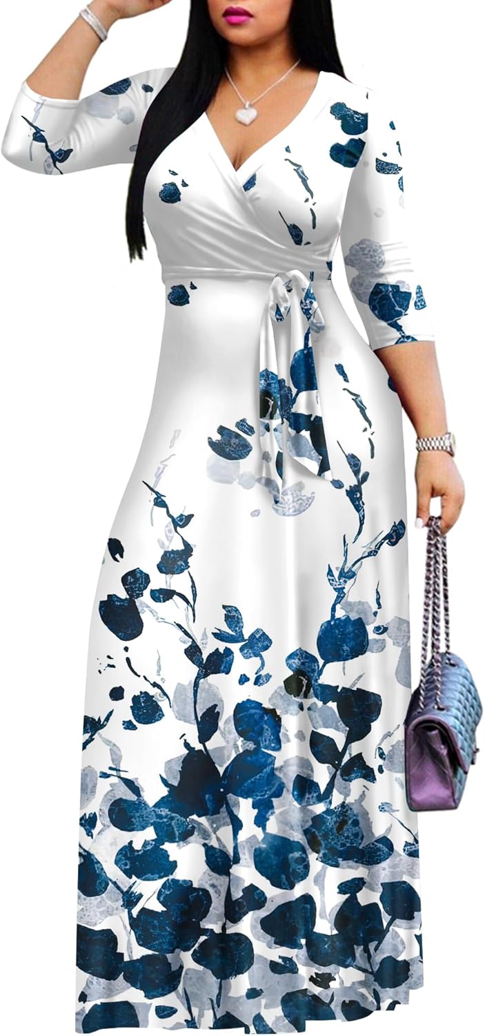 FANDEE Plus Size Maxi Dress for Women Casual Summer Sundress V-Neck 3/4 Sleeve