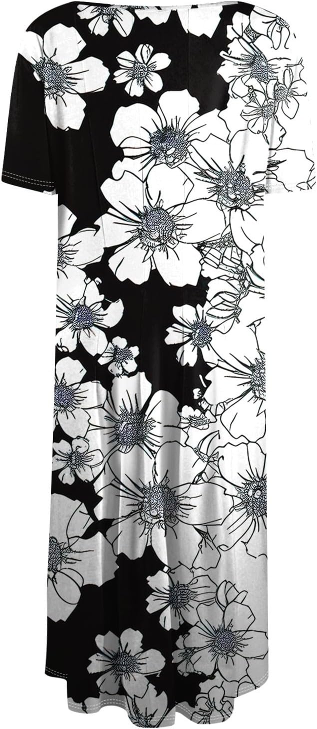 Summer Dresses for Women 2025 Crew Neck Short Sleeve Boho Beach Vacation Floral/Solid Midi Sundresses with Pockets