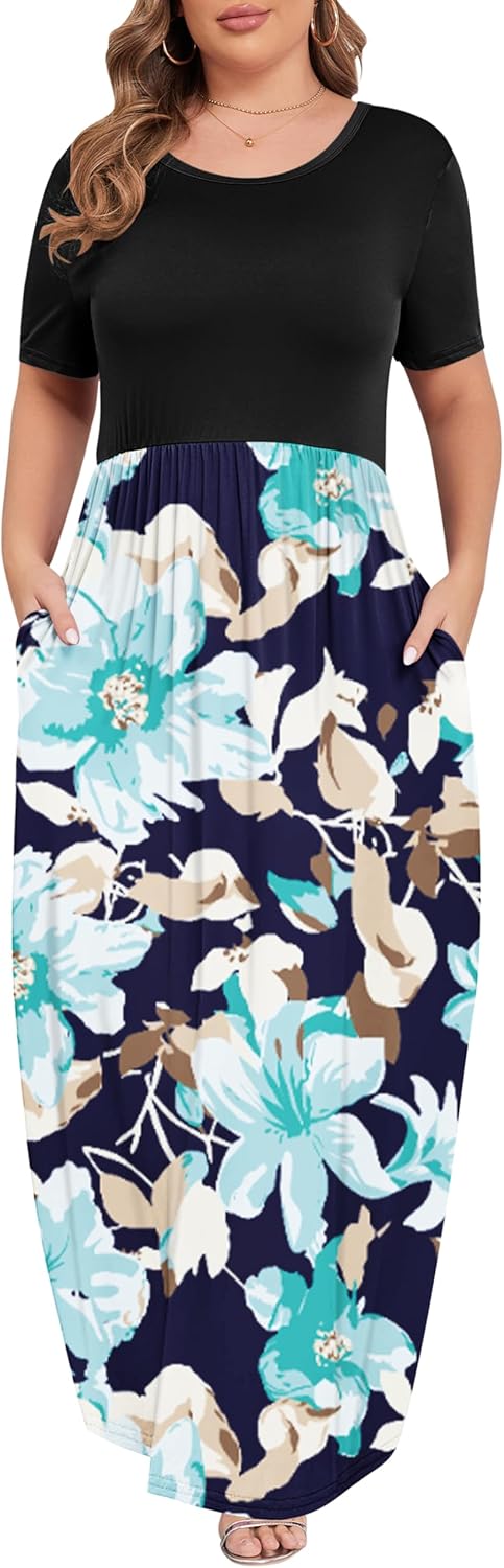 KARALIN Women’s Plus Size Maxi Dresses for Curvy Women Summer Casual Short Sleeve 2025 Long Dress 14W-26W