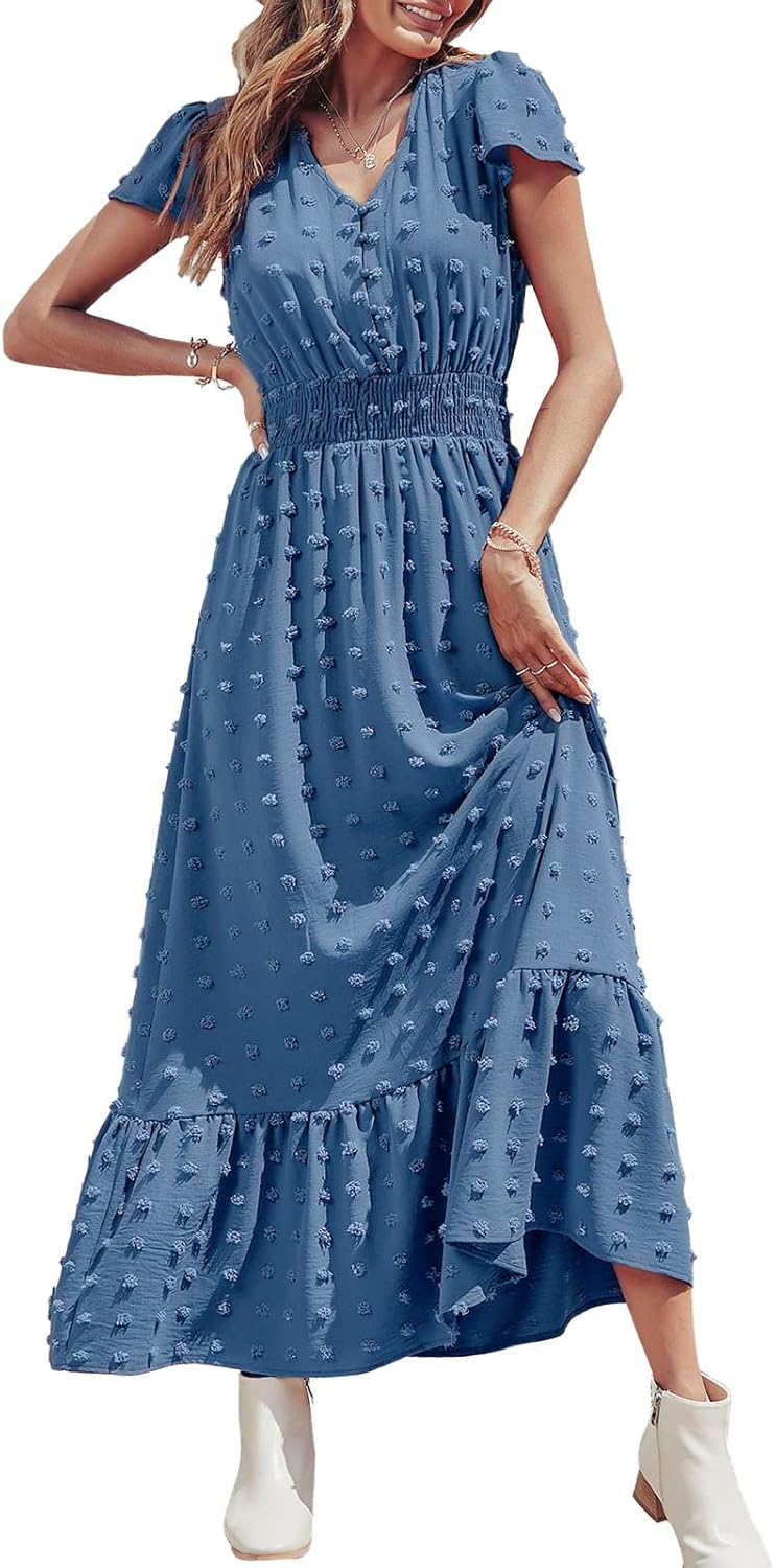 PRETTYGARDEN Womens Dresses 2025 Summer Maxi Dress Boho Short Sleeve V Neck Swiss Dot Ruffle Tiered Smocked Flowy Long Dress