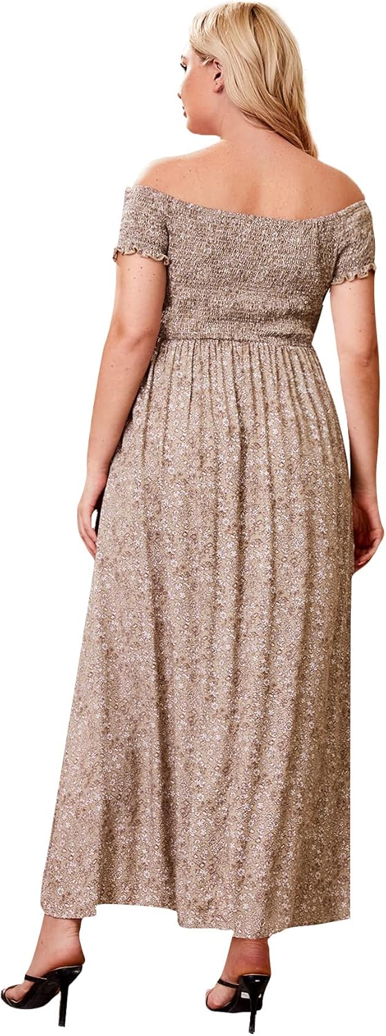 Floerns Women's Boho Floral Print Off Shoulder Split Long A Line Dress