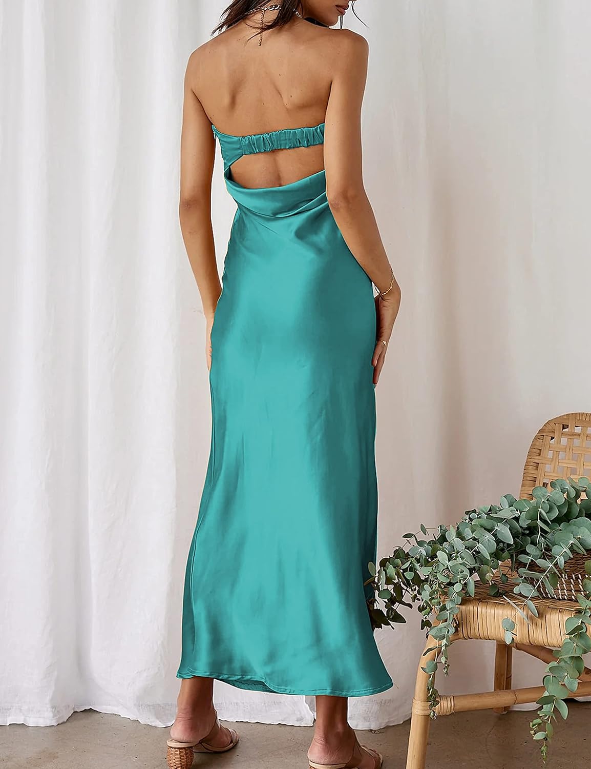 Realtix Satin Silk Backless Tube Tops Maxi Dress for Women Low Back Hollow Out Elegant Strapless Long Dresses Wedding Guest