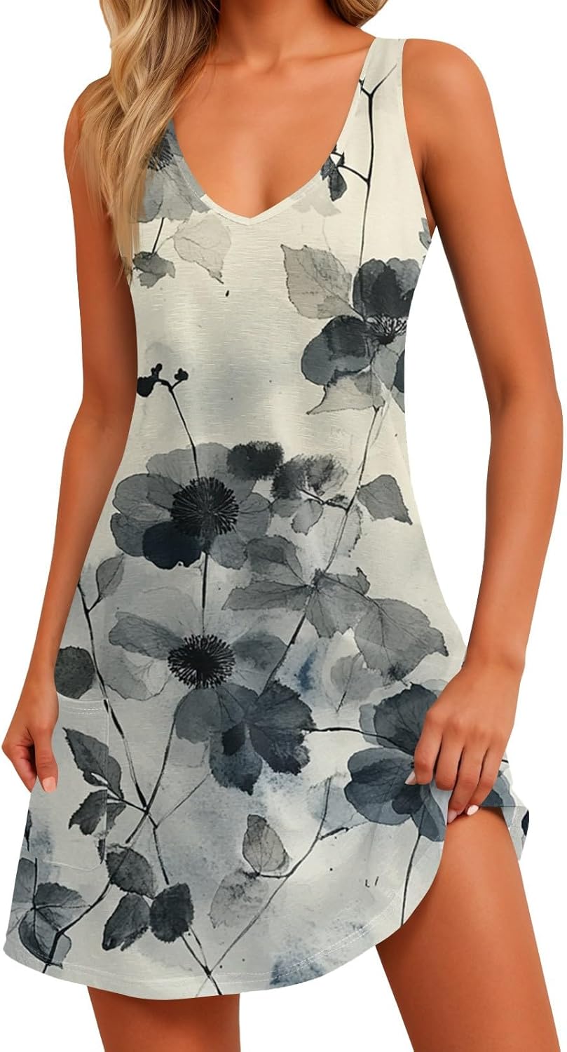 Women's Sleeveless Floral Print Summer Dress Casual V-Neck A-Line Mini Dress for Beach Party and Daily Wear