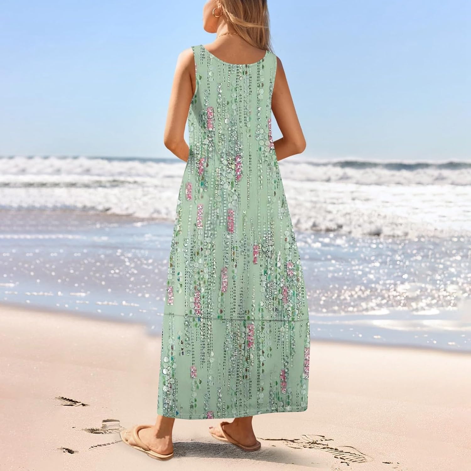 Womens Summer Tank Dress Vacation Boho Floral Long Dresses with Pockets Resort Wear Swing Beach Sleeveless Sundress