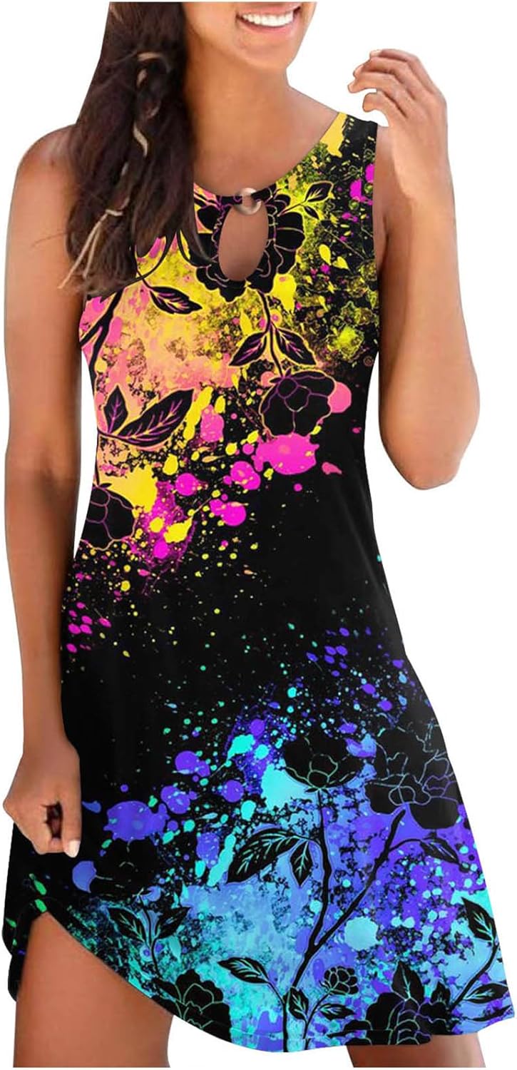 Summer Dresses for Women 2024 Casual Sleeveless Tank Dress Vintage Floral Print a-Line Beach Sundresses