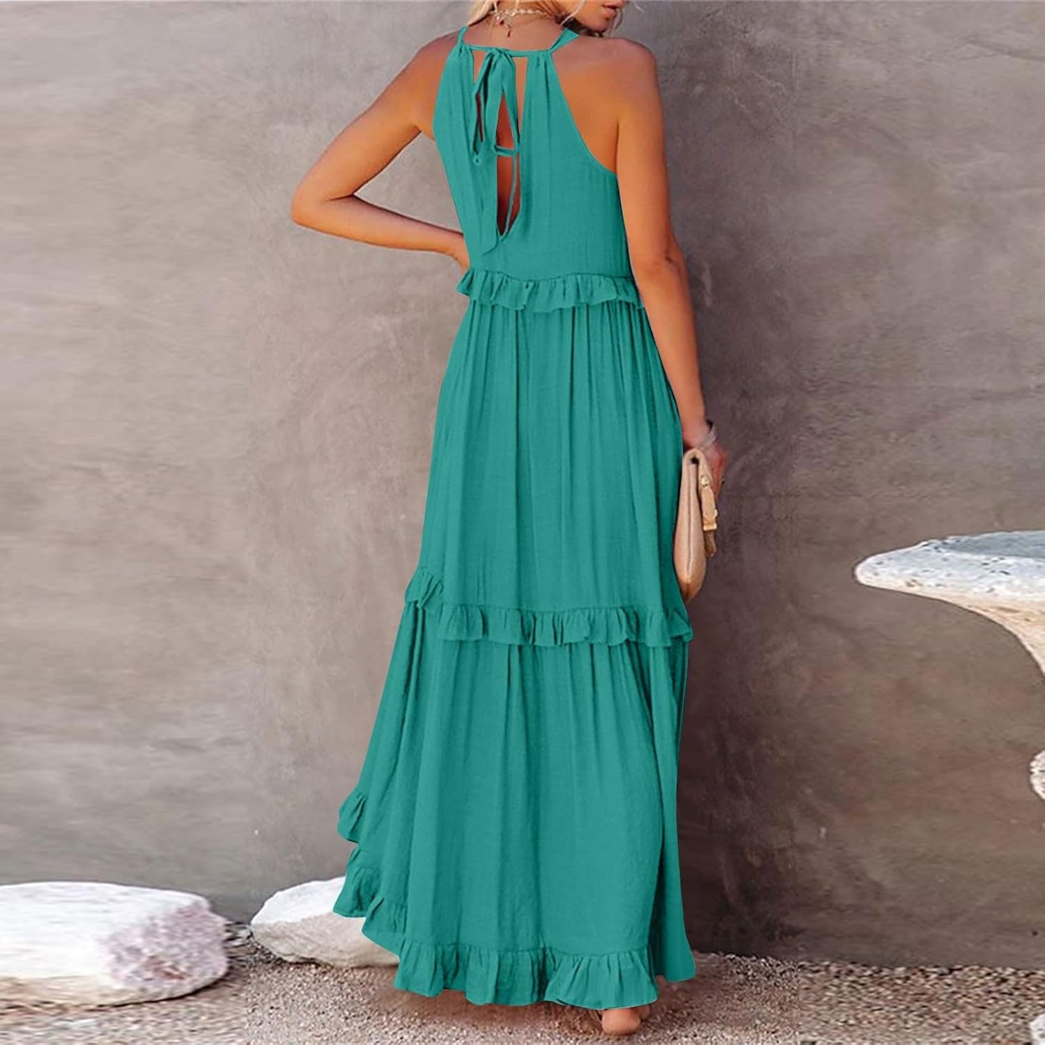 Boho Dresses for Women,2025 Summer Flowy Ruffle Tiered Swing Smocked Beach Sundress,Sleeveless Halter Maxi Dress