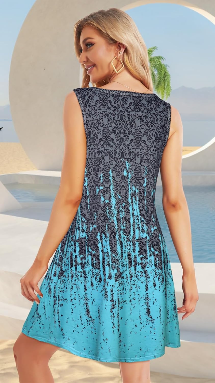 Summer Dresses for Women Beach Boho Sleeveless Vintage Floral Flowy Pocket Tshirt Tank Sundresses