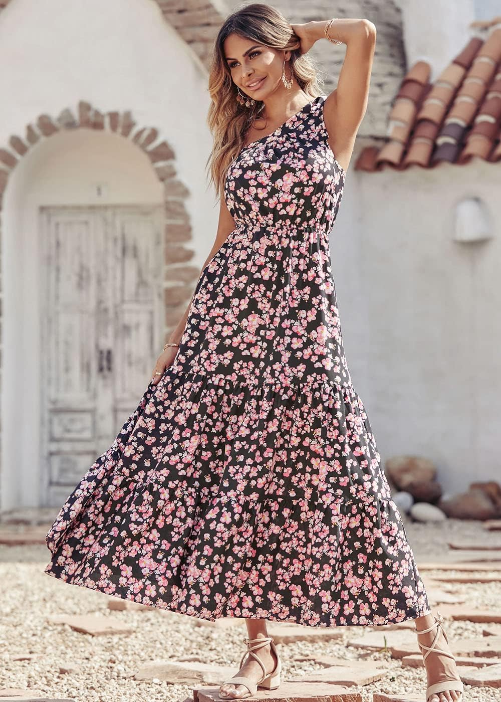 PRETTYGARDEN Women's Summer Floral Maxi Dress Knot One Shoulder Sleeveless Ruffle Flowy Boho Beach Wedding Guest Dresses