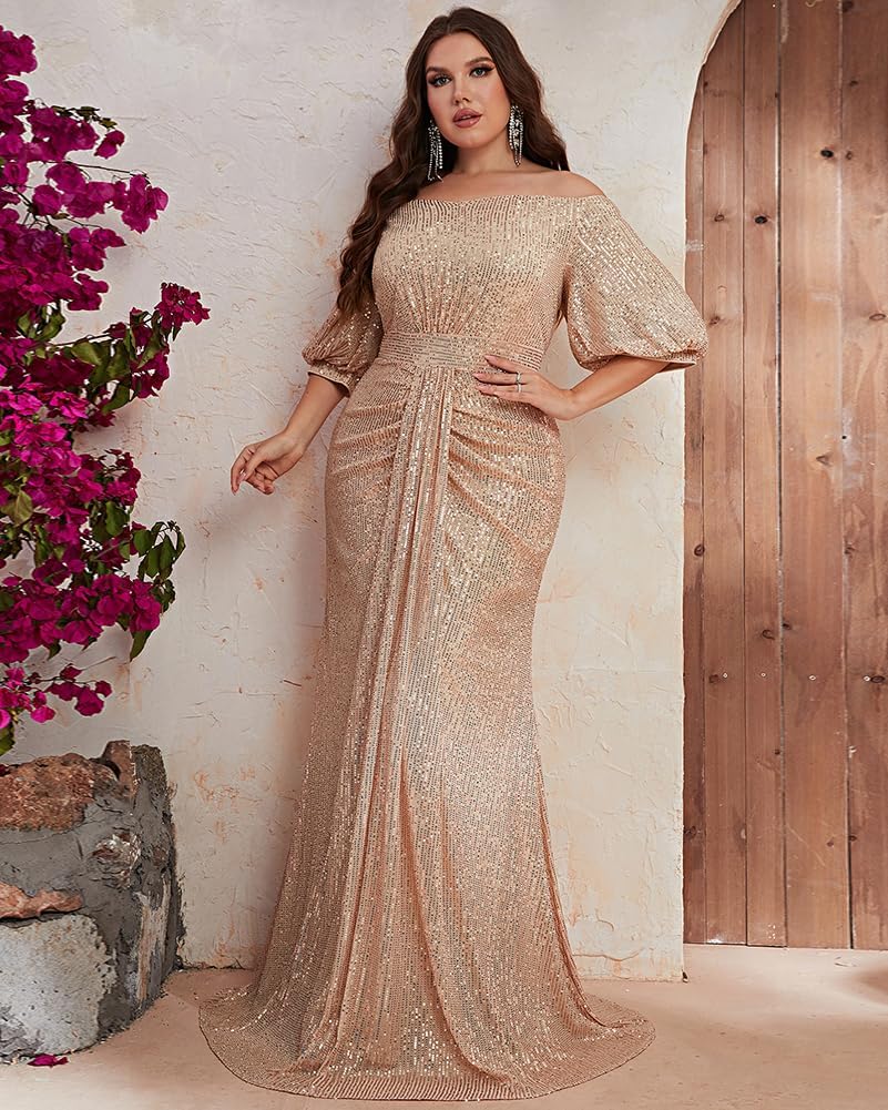 Women's Plus Size Off Shoulder Puff Sleeve Sequin Formal Maxi Dress Evening Party Gowns