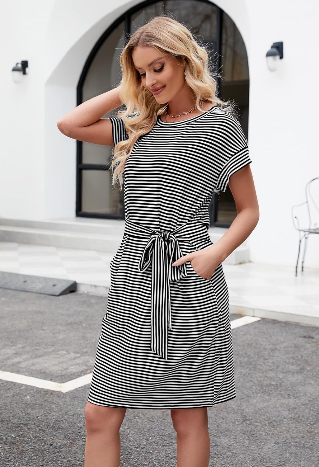 MEROKEETY Women's Summer Striped Short Sleeve T Shirt Dress Casual Tie Waist with Pockets