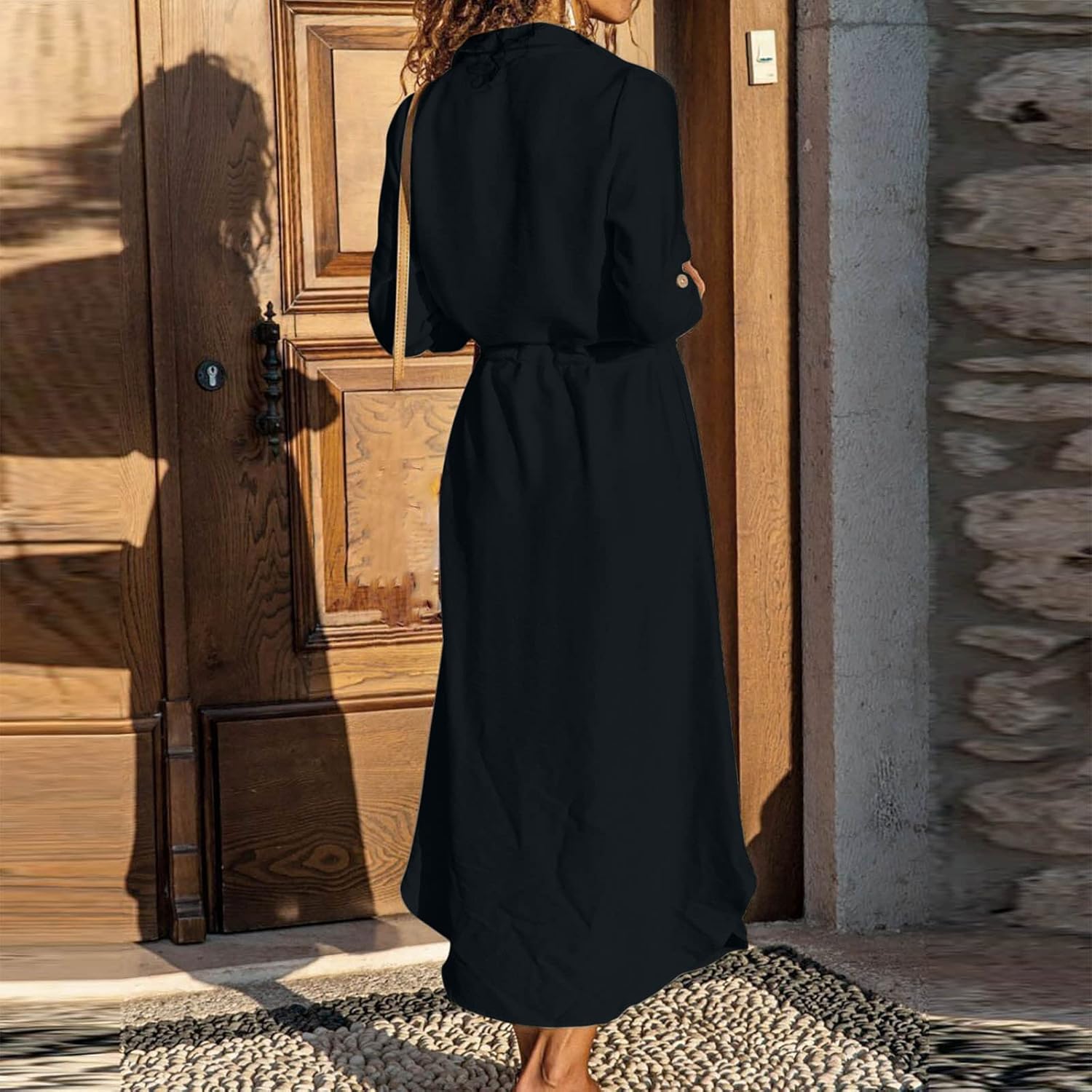 Women's Maxi Shirt Dresses Solid Cotton Linen Button Lapel Long Sleeves Summer Irregular Hem Daily Casual Sundress