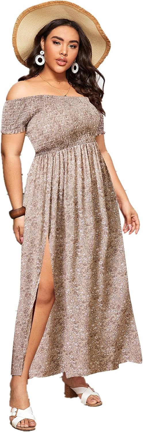 Floerns Women's Boho Floral Print Off Shoulder Split Long A Line Dress
