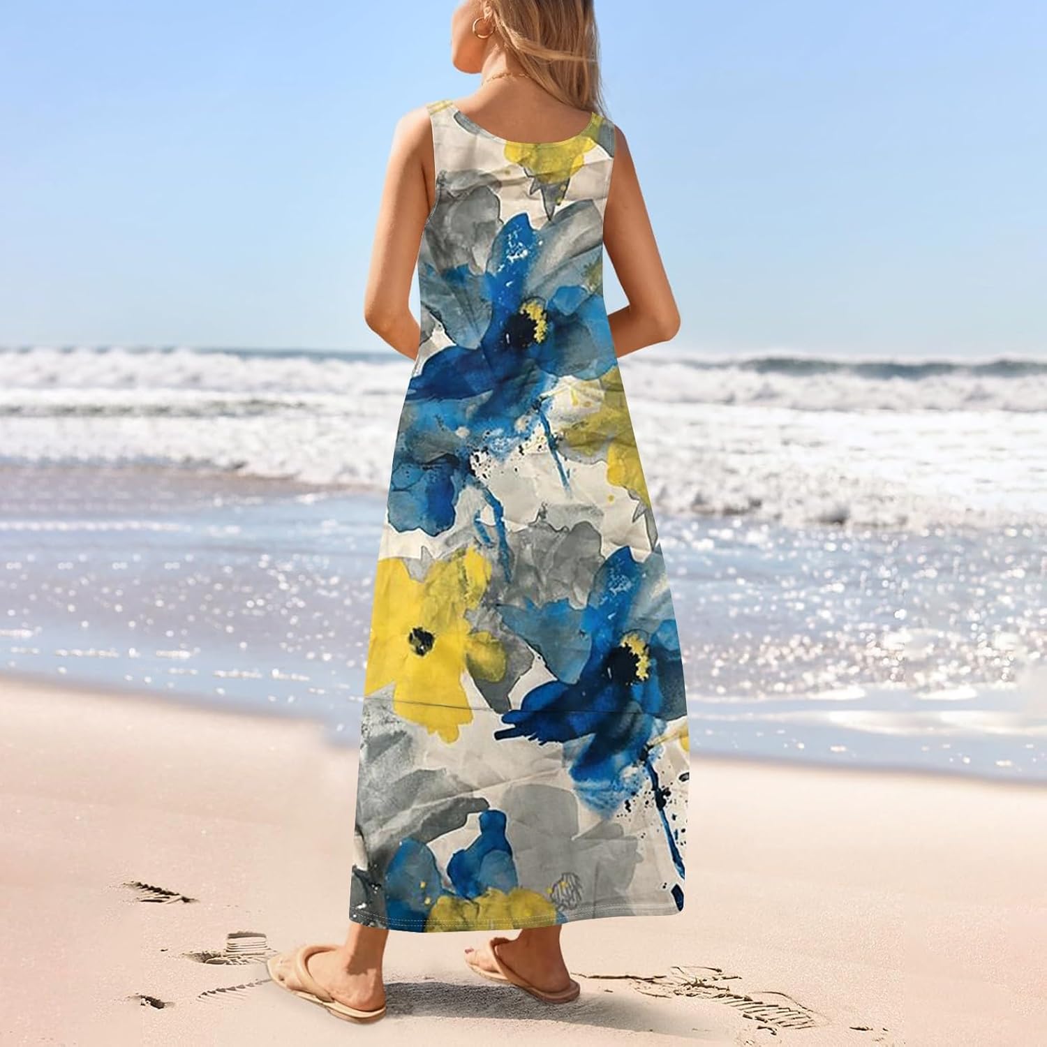 Womens Summer Tank Dress Vacation Boho Floral Long Dresses with Pockets Resort Wear Swing Beach Sleeveless Sundress