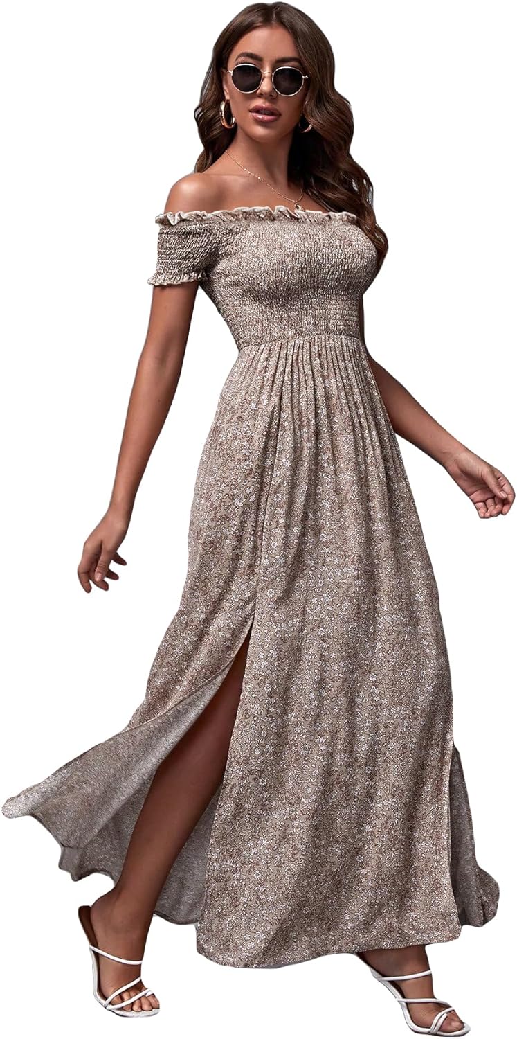 Floerns Women's Boho Floral Print Off Shoulder Split Long A Line Dress