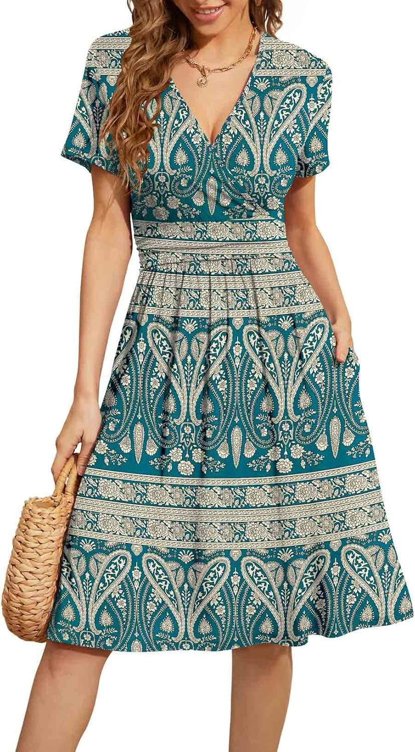 WEACZZY Women's Summer Short Sleeve Casual Dresses V-Neck Floral Party Dress with Pockets