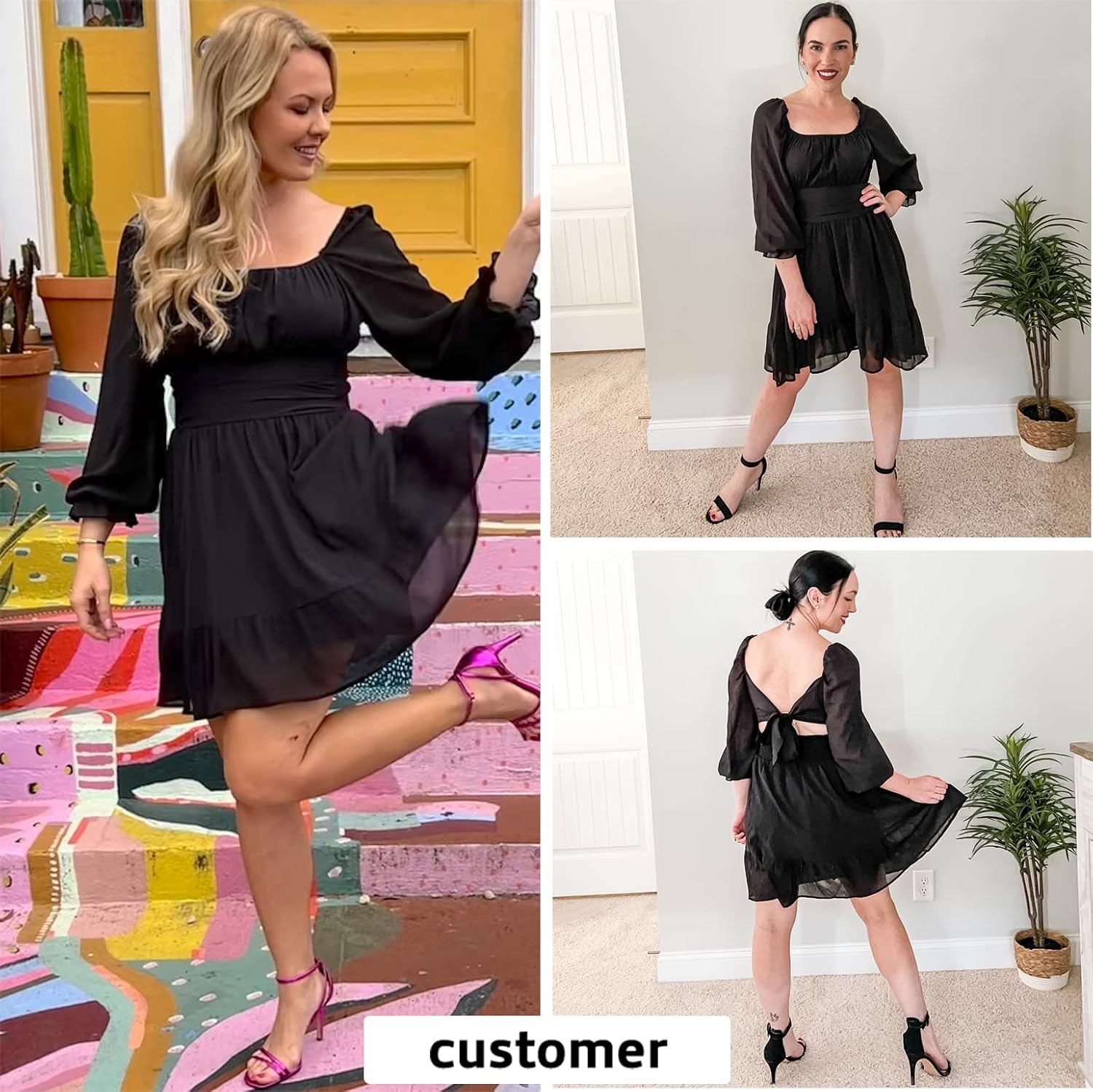 EXLURA Women's 2025 Casual Long Lantern Sleeve Dresses Square Neck Ruffle Tie Back Elastic Waist Aline Short Mini Dress
