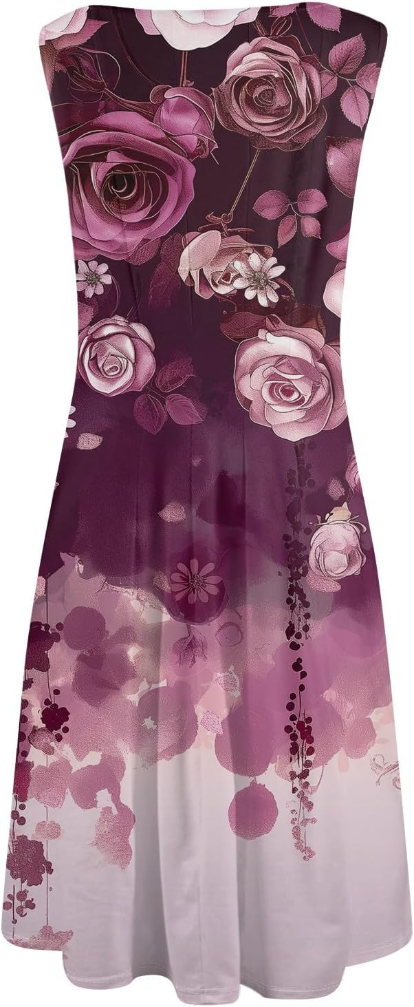 Womens Tank Sundress 2025 Casual Floral Print Tshirt Dress Swing Sleeveless Midi Dress Crewneck Pleated Summer Dresses