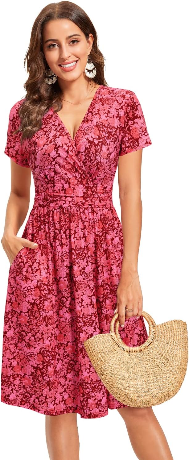 OUGES Women's Summer Short Sleeve V-Neck Floral Short Party Dress with Pockets