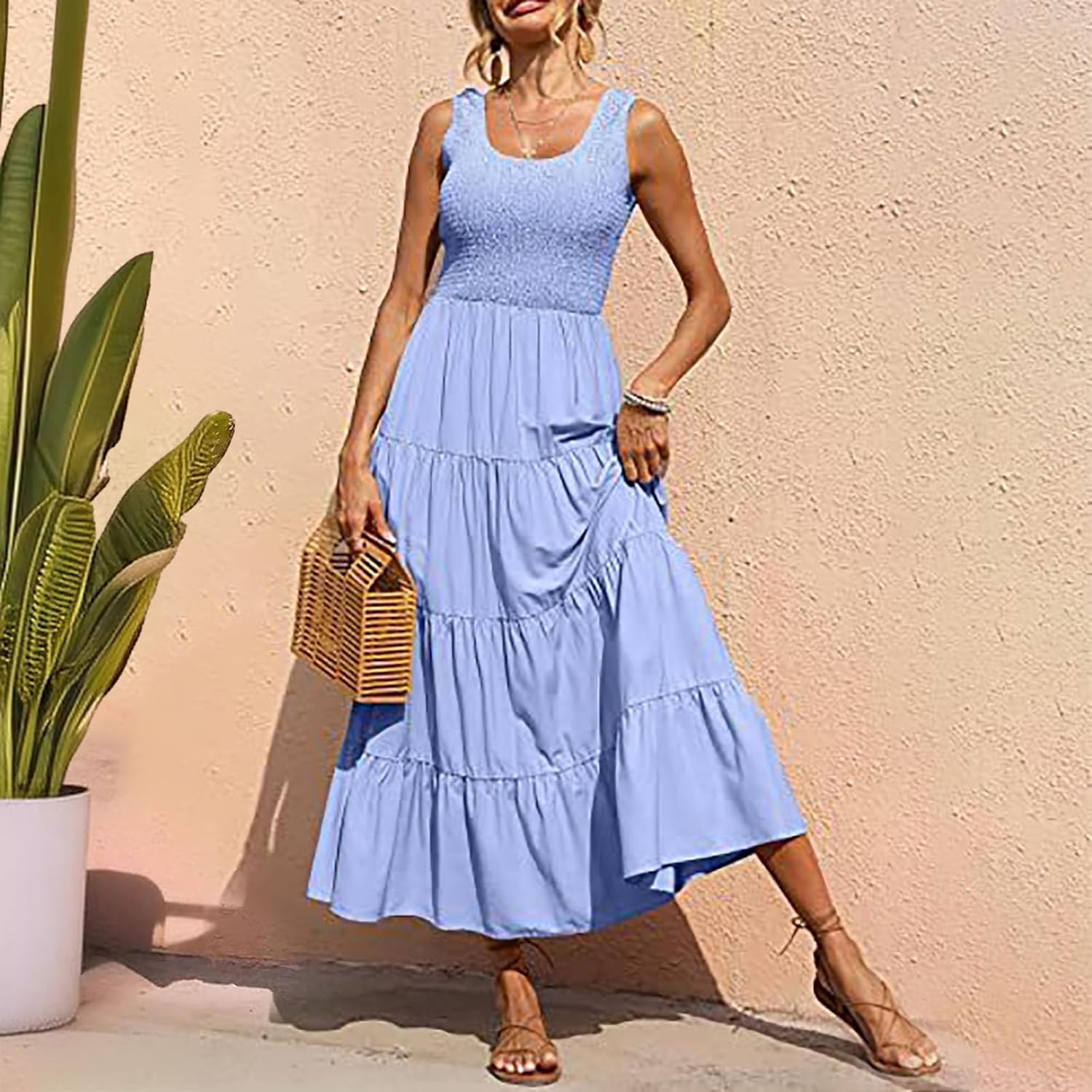 Women Summer Sleeveless Dressees Boho Maxi Dress Casual Smocked Square Neck Sundress a Line Beach Wedding Dresses