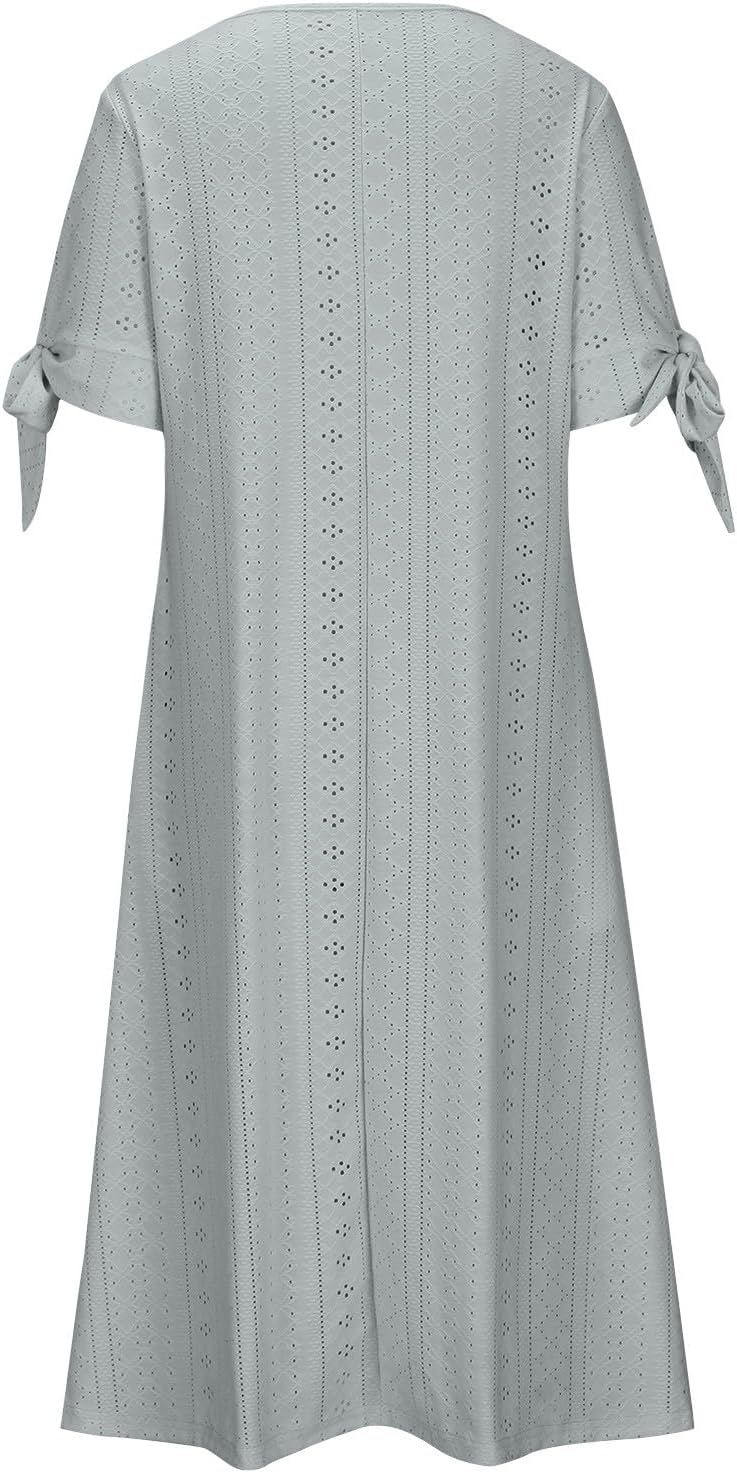 Boho Dresses for Women 2024 Fashion Summer Short Sleeve Eyelet Notch V Neck Sundress Beach Casual Maxi Long Dress