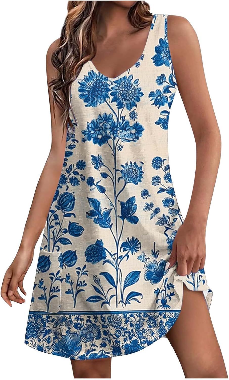 Womens 2025 Spring Summer Dresses Casual Floral Print V-Neck Tank Dress Curve Hem Pleated A-Line Sundresses