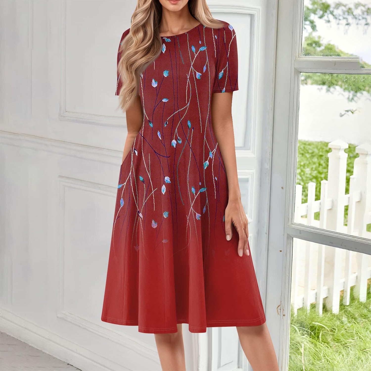 Summer Dresses for Women 2025 Crew Neck Short Sleeve Boho Beach Vacation Floral/Solid Midi Sundresses with Pockets