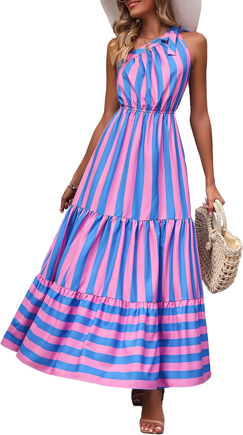 PRETTYGARDEN Women's Summer Floral Maxi Dress Knot One Shoulder Sleeveless Ruffle Flowy Boho Beach Wedding Guest Dresses