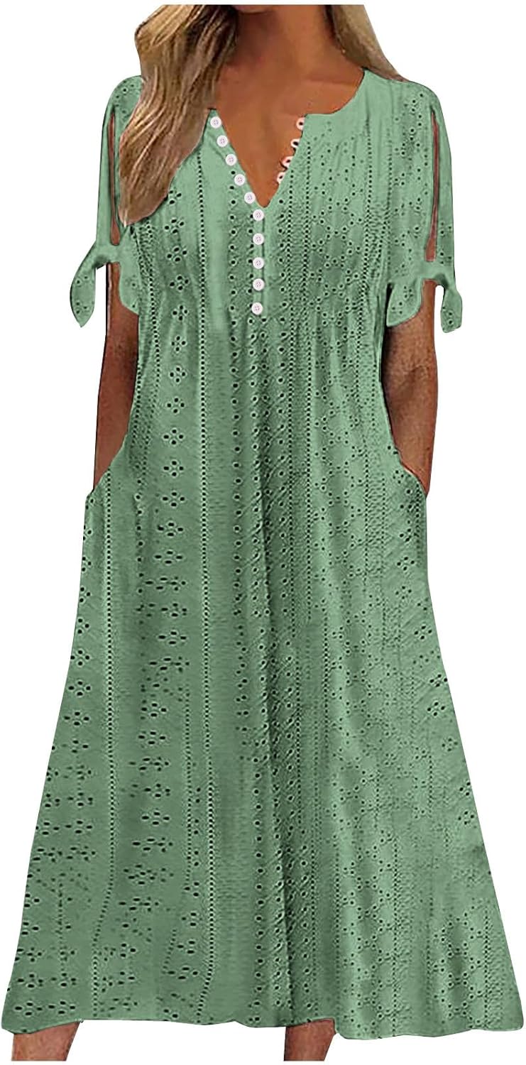 Boho Dresses for Women 2024 Fashion Summer Short Sleeve Eyelet Notch V Neck Sundress Beach Casual Maxi Long Dress