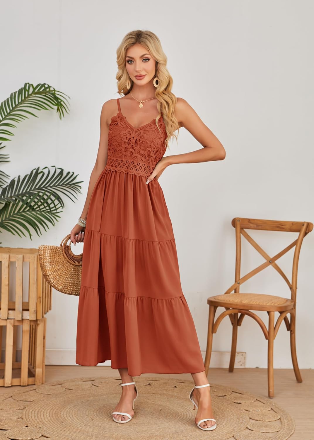 Dokuritu Women's Beach Crochet Lace Maxi Dress Solid Color Summer Vacation Spaghetti Strap Long Dress 2024