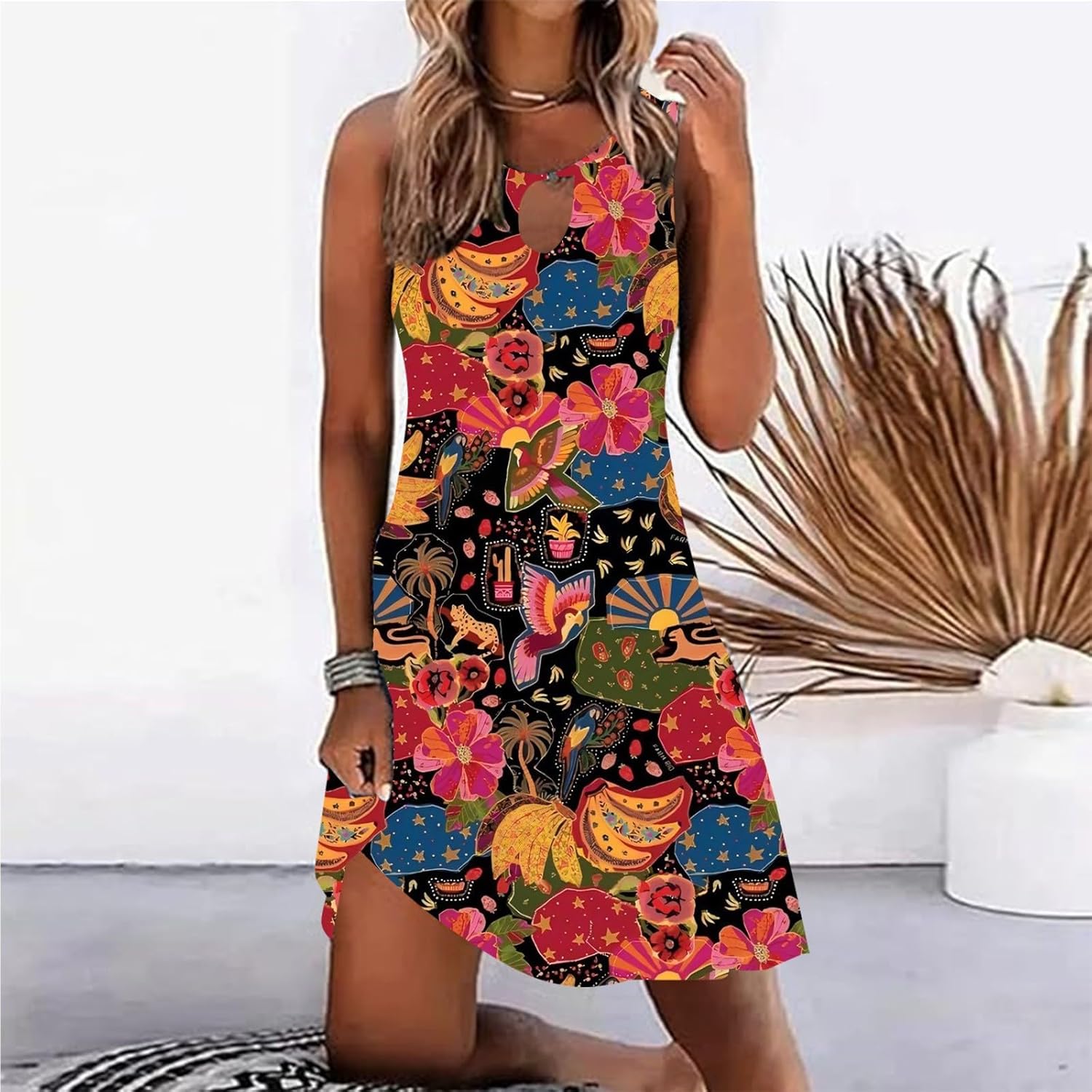 Summer Dresses for Women 2025 Vacation Beach Casual Vintage Midi Sundresses Sexy Sleeveless V Neck Boho Tank Dress