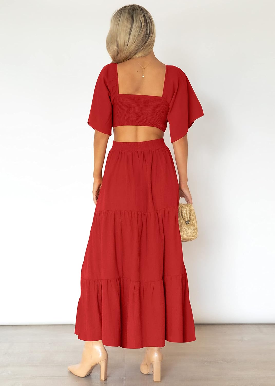 LEANI Women's 2025 Summer Cutout Maxi Dress Square Neck Short Sleeve Crossover Waist Casual Party Dresses