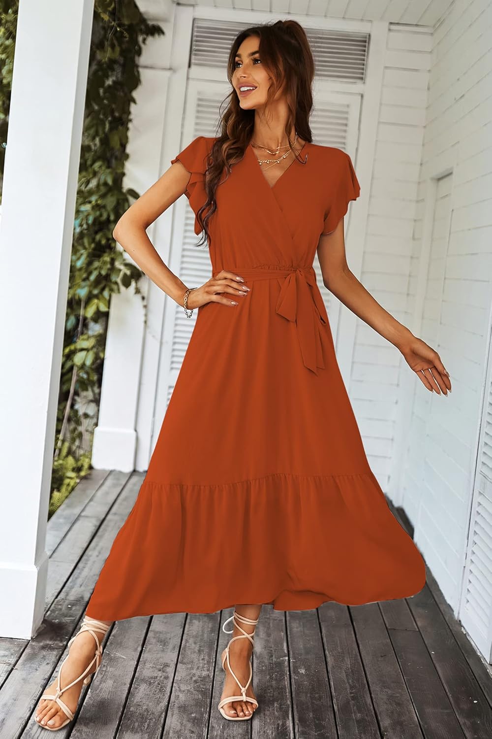 PRETTYGARDEN Women's Summer Floral Boho Dress Wrap V Neck Short Sleeve Ruffle A-Line Flowy Maxi Wedding Guest Dresses