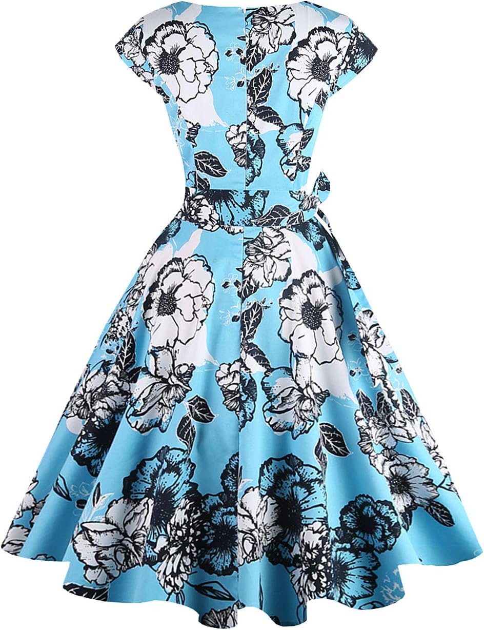 PUKAVT Women's 1950 Boatneck Cap Sleeve Vintage Swing Cocktail Party Dress with Pockets