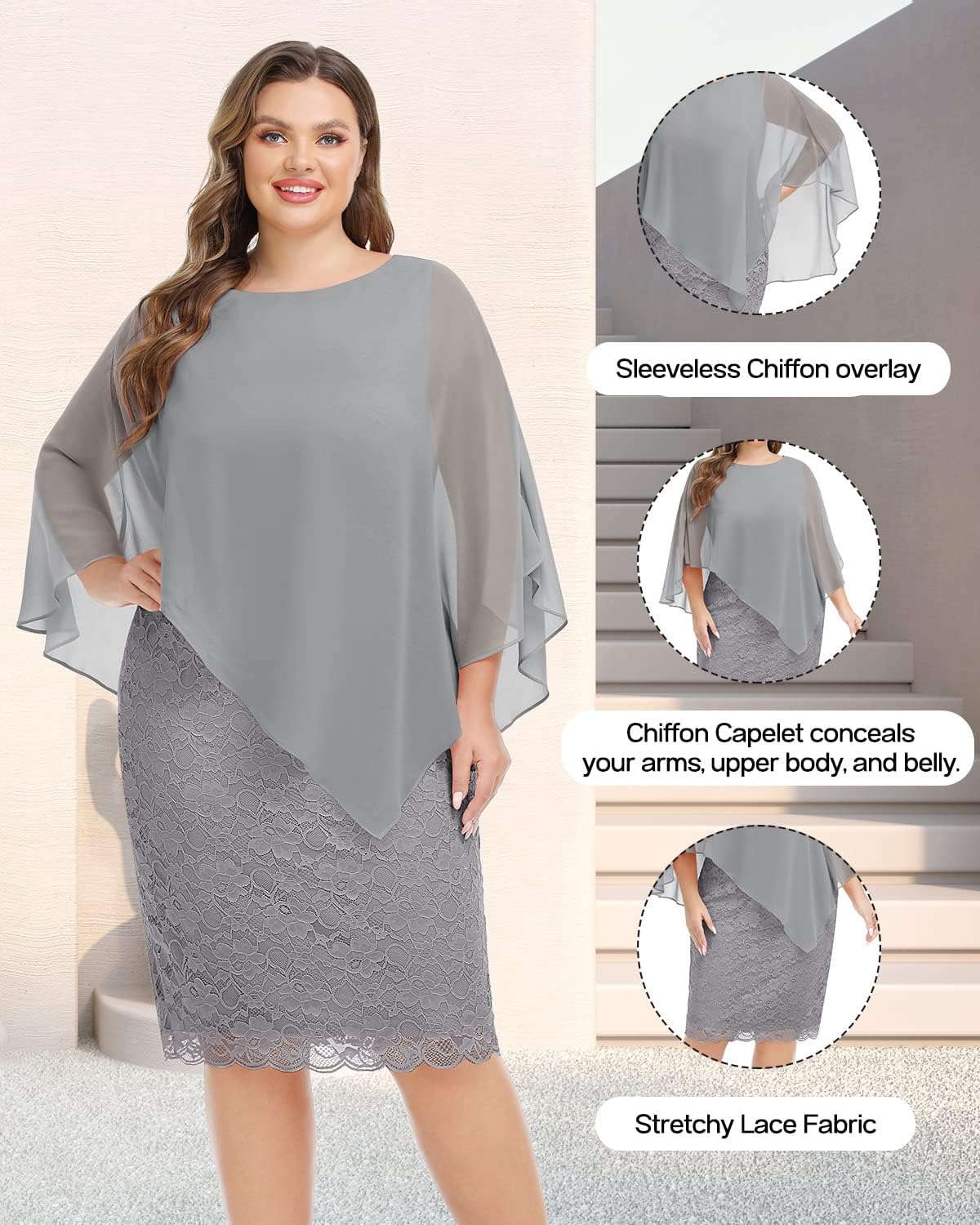 Plus Size Dresses Wedding Guest - Mother Bride Semi Formal Lace Cape with Chiffon Overlay Dresses