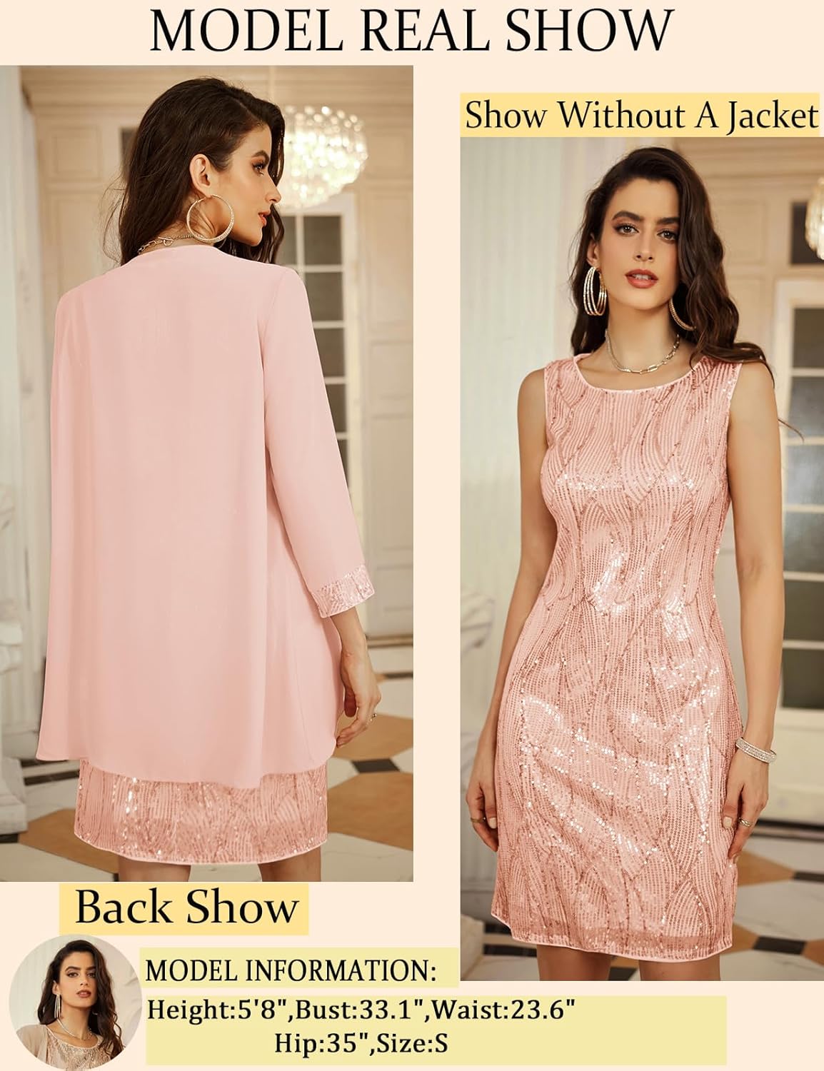 GRACE KARIN Sequin Dress for Women Knee Length Mother of the Bride Dresses Formal Dress Two Piece Dress with Chiffon Jacket