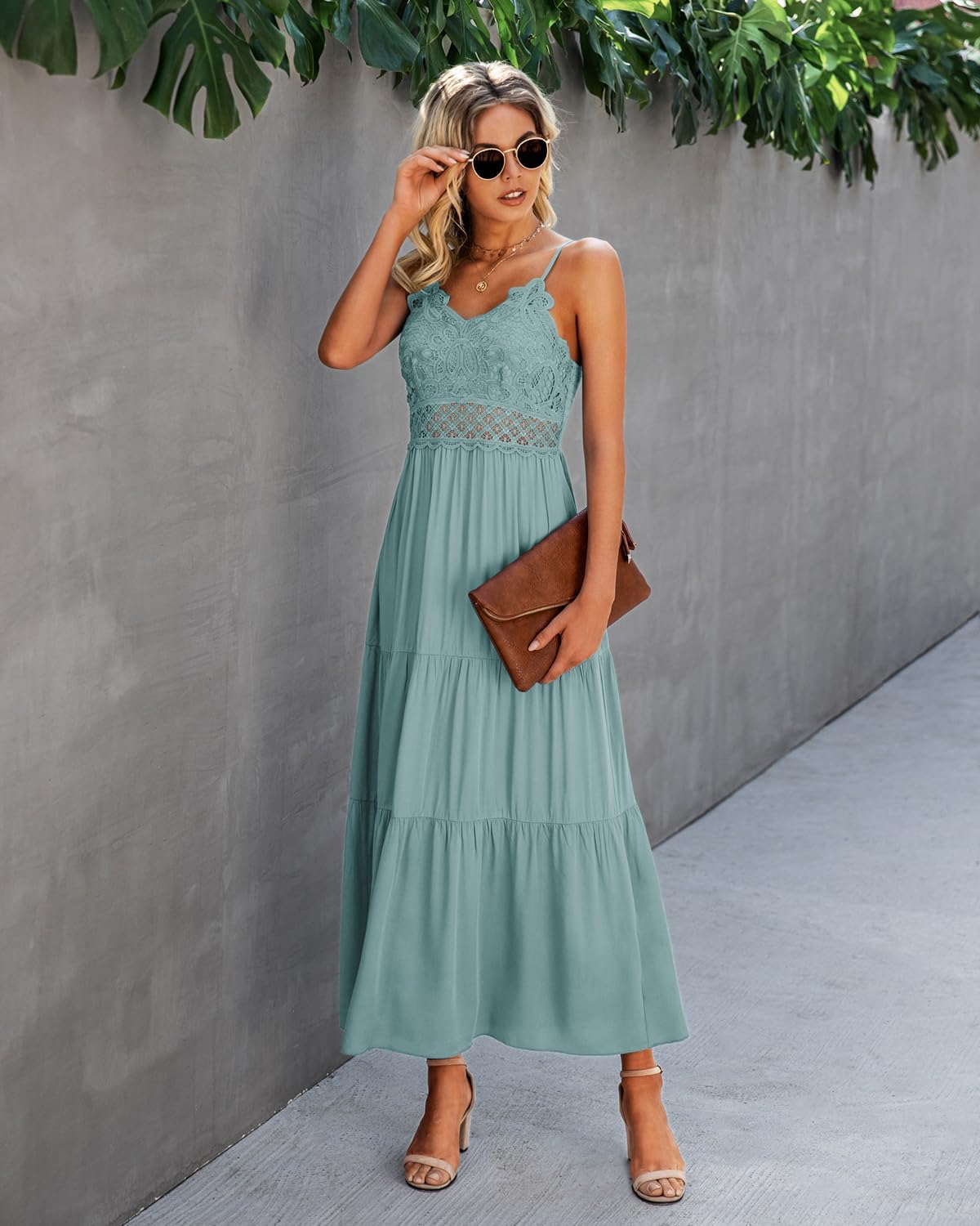 Dokuritu Women's Beach Crochet Lace Maxi Dress Solid Color Summer Vacation Spaghetti Strap Long Dress 2024